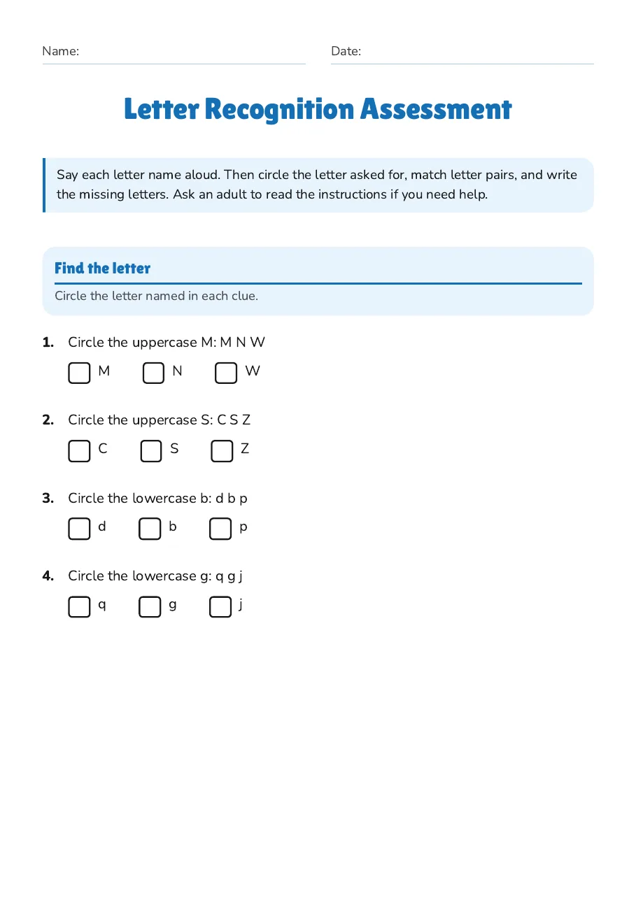 Letter Recognition Assessment, page 1 of 3: Find the letter