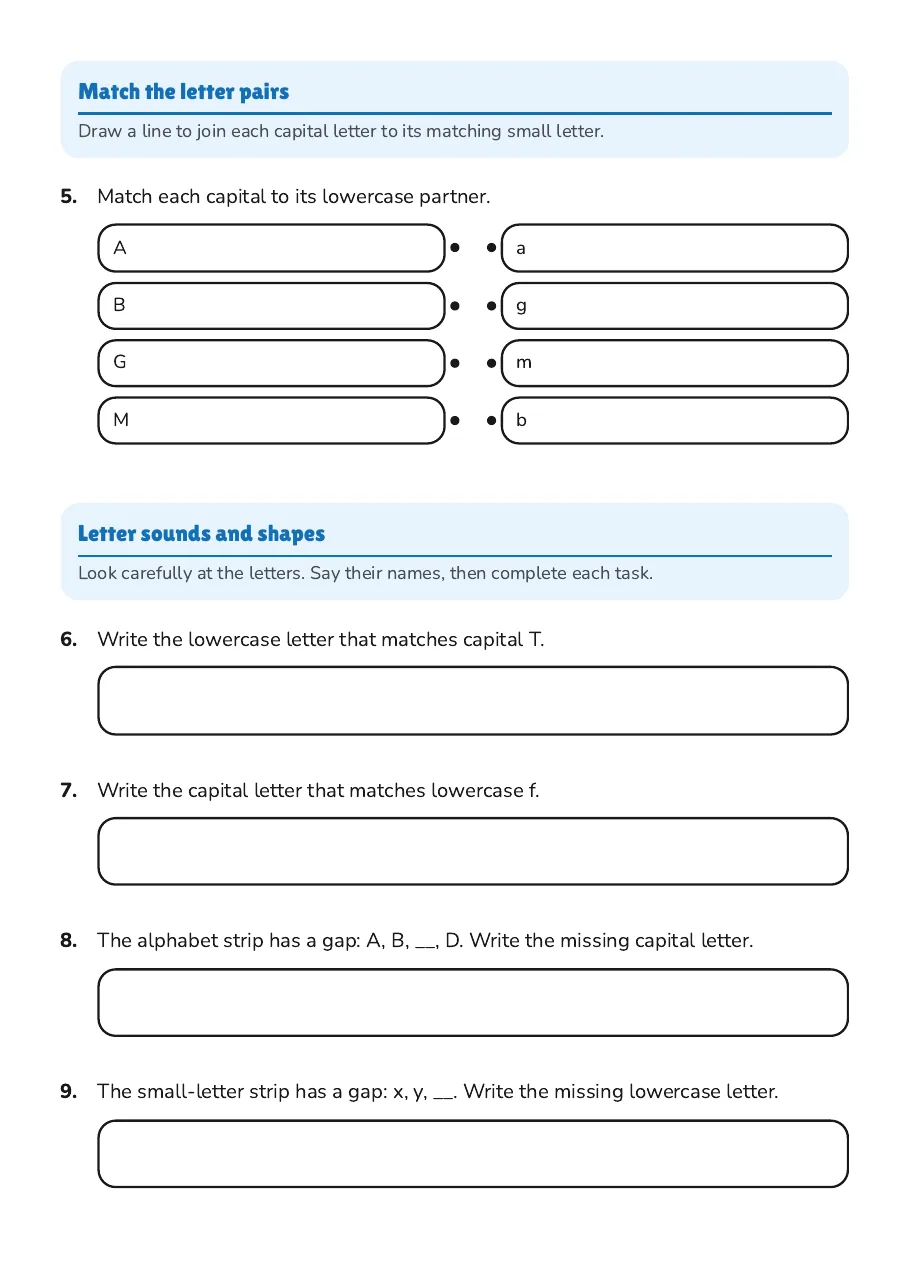 Letter Recognition Assessment, page 2 of 3: Match the letter pairs, Letter sounds and shapes