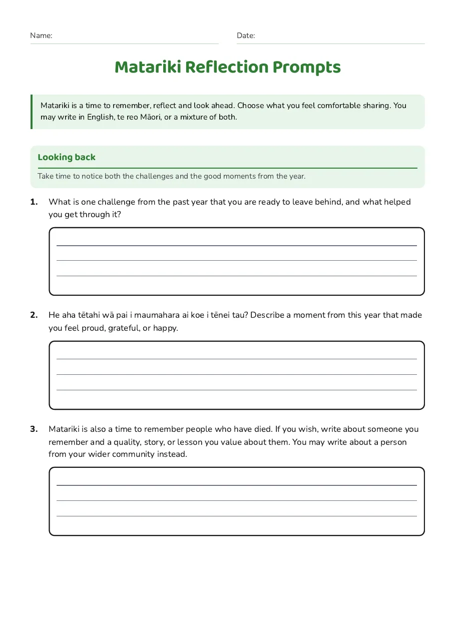 Matariki Reflection Prompts, page 1 of 3: Looking back