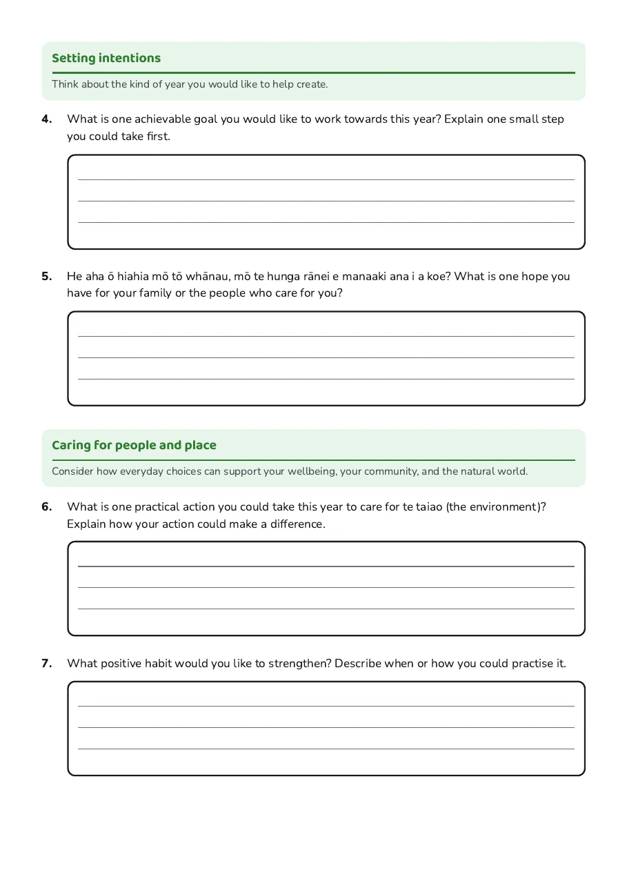 Matariki Reflection Prompts, page 2 of 3: Setting intentions, Caring for people and place