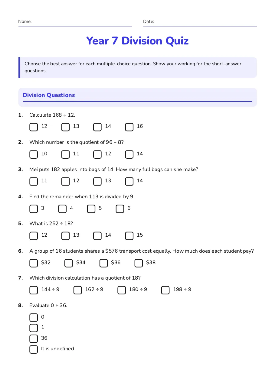 Year 7 Division Quiz, page 1 of 2: Division Questions