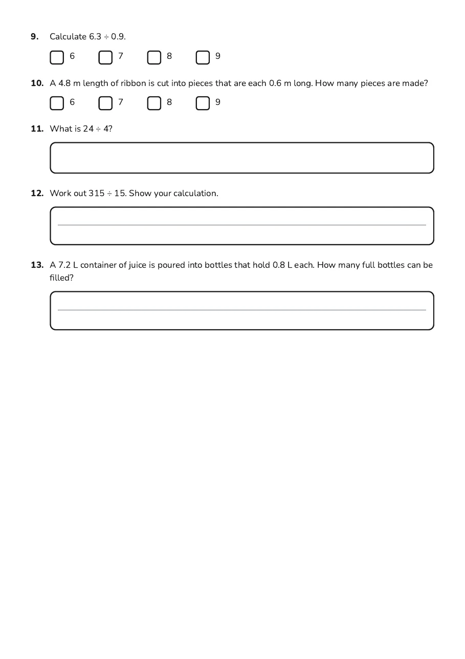 Year 7 Division Quiz, page 2 of 2: 9. Calculate 6.3 ÷ 0.9.