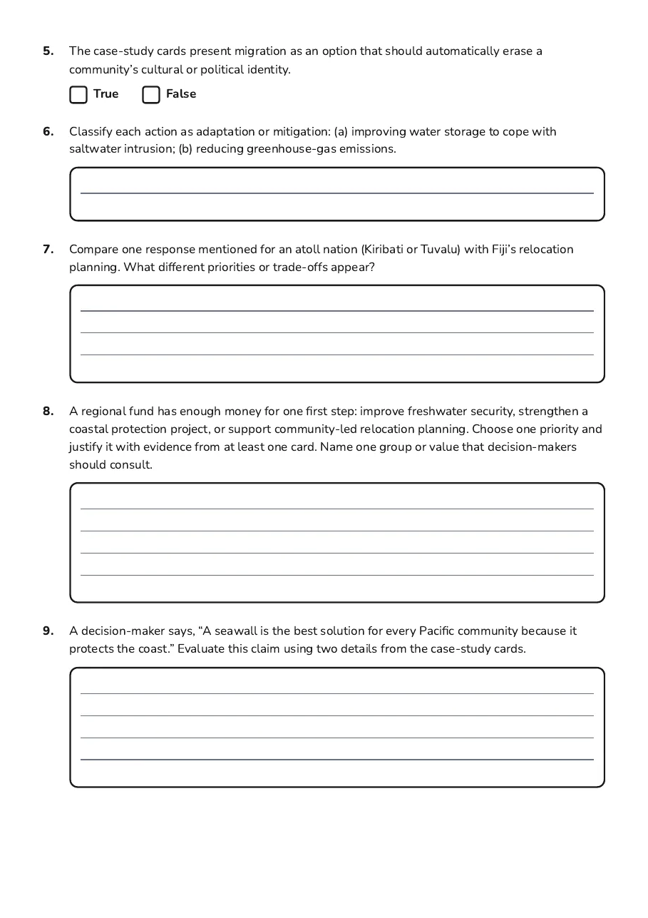 Cultural Responses to Climate Change, page 3 of 4: 5. The case-study cards present migration as an option that should automatically erase a