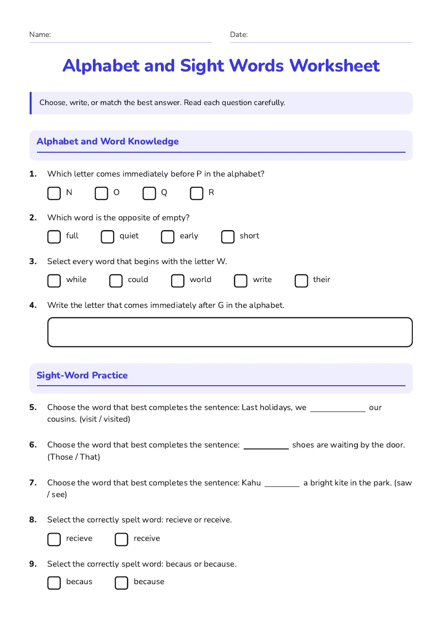 Alphabet and Sight Words Worksheet, page 1 of 2: Alphabet and Word Knowledge, Sight-Word Practice