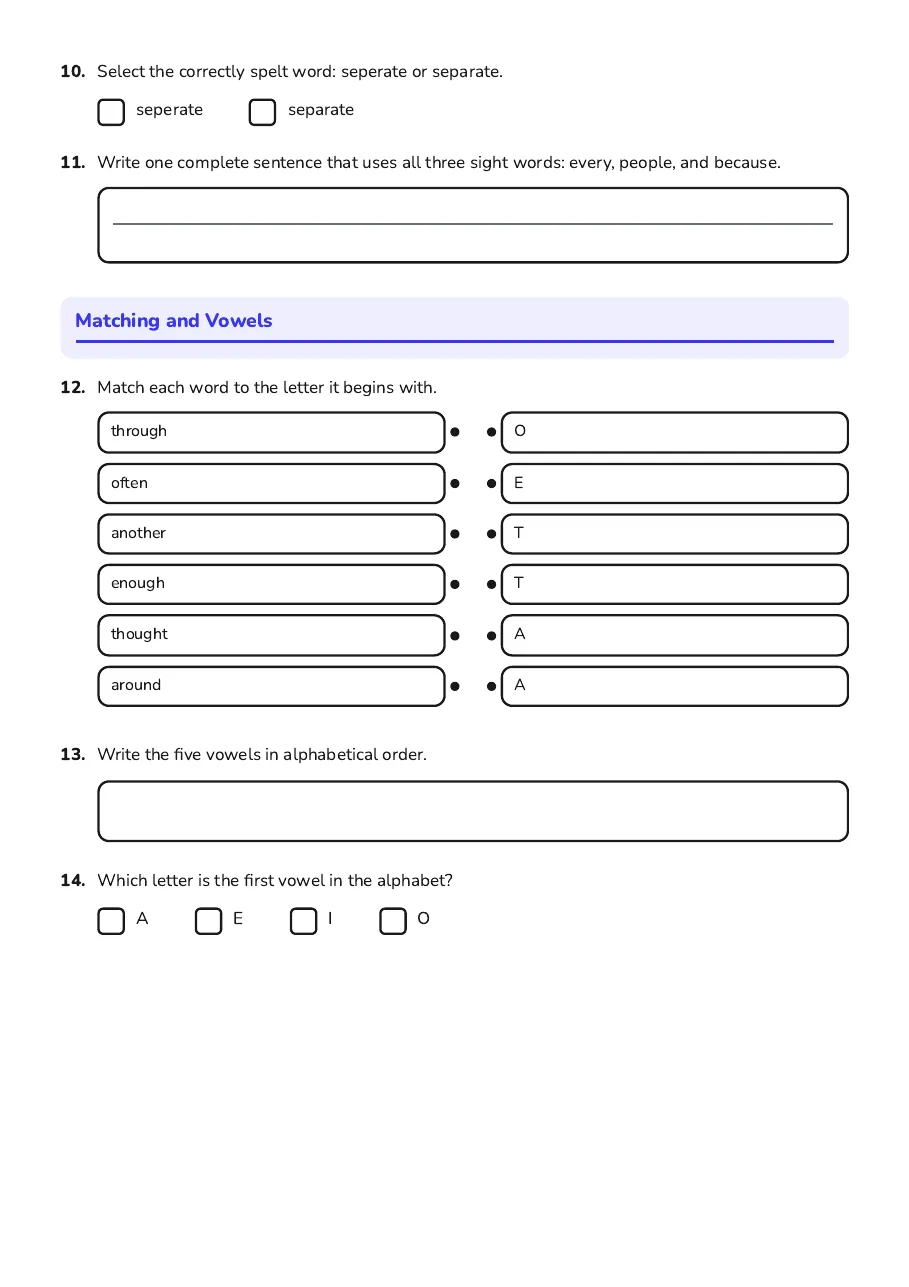 Alphabet and Sight Words Worksheet, page 2 of 2: Matching and Vowels