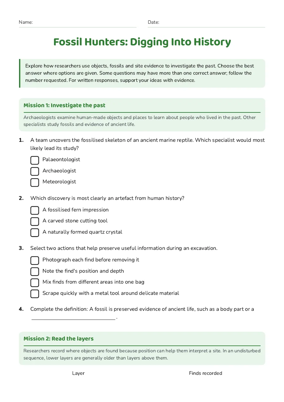 Fossil Hunters: Digging Into History, page 1 of 3: Mission 1: Investigate the past, Mission 2: Read the layers