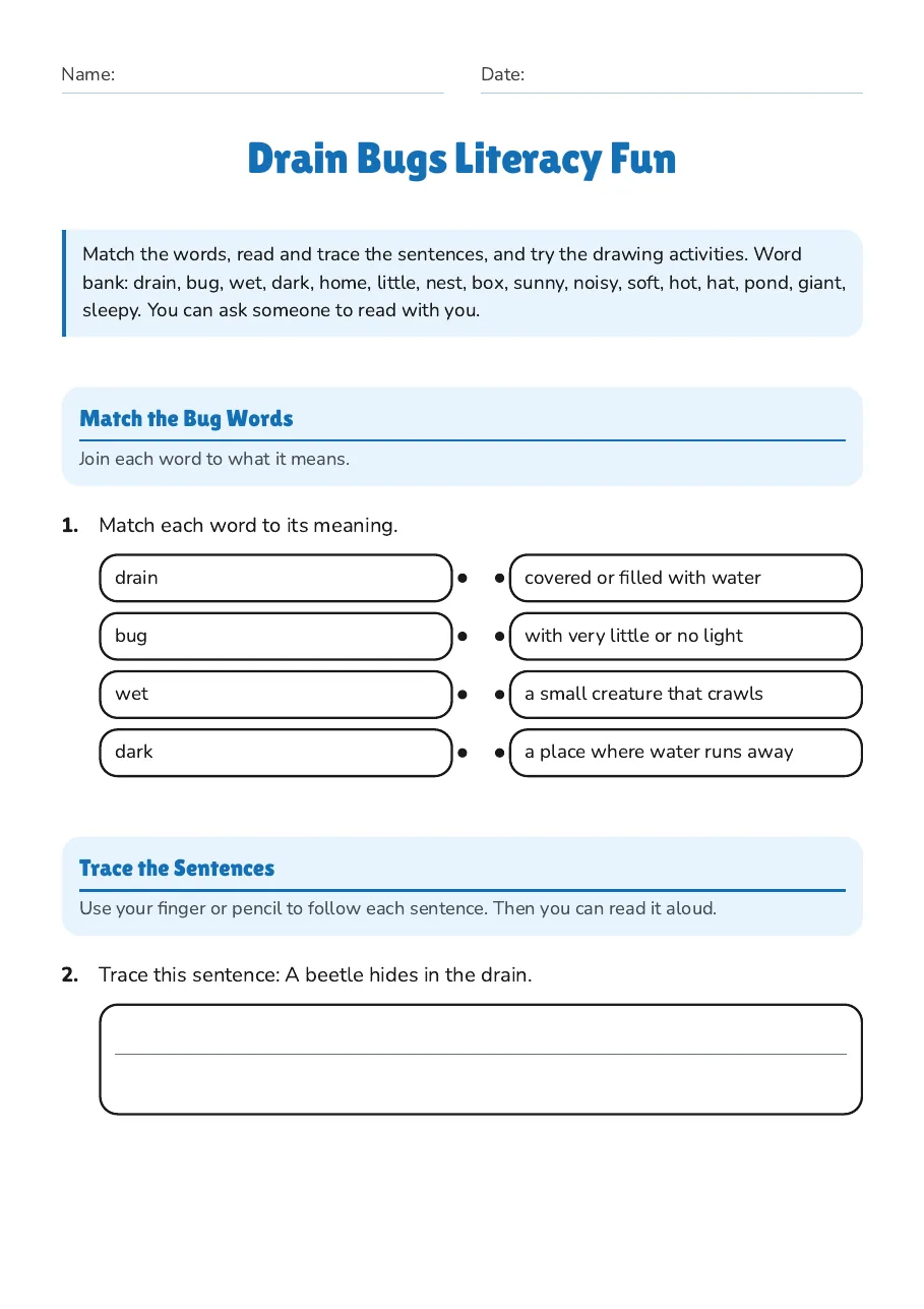 Drain Bugs Literacy Fun, page 1 of 3: Match the Bug Words, Trace the Sentences