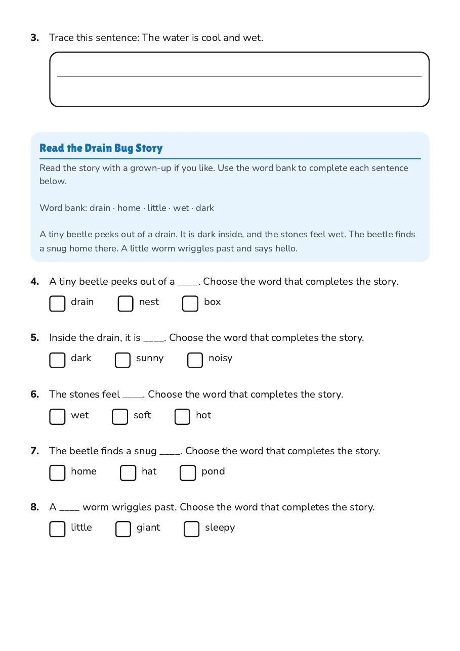 Drain Bugs Literacy Fun, page 2 of 3: Read the Drain Bug Story