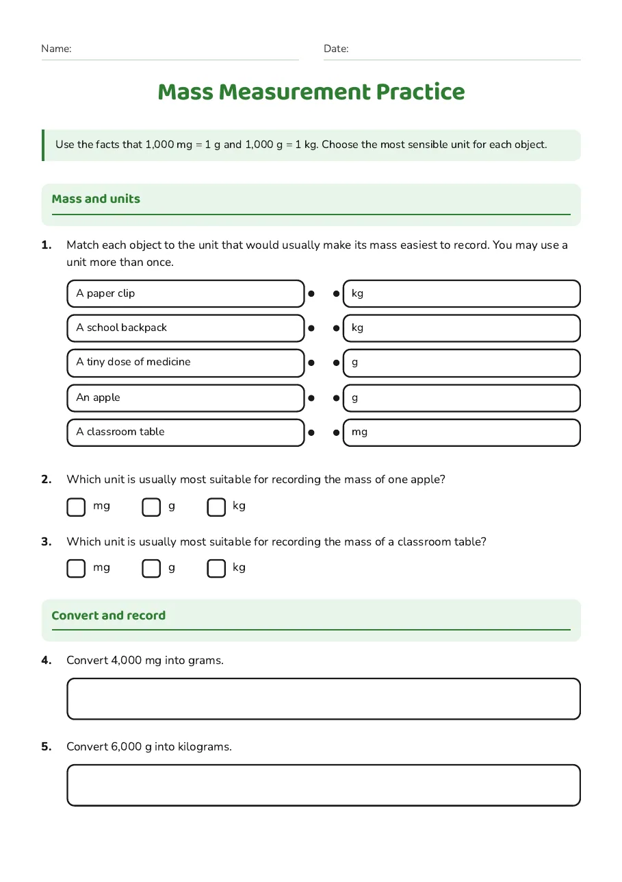 Mass Measurement Practice, page 1 of 2: Mass and units, Convert and record