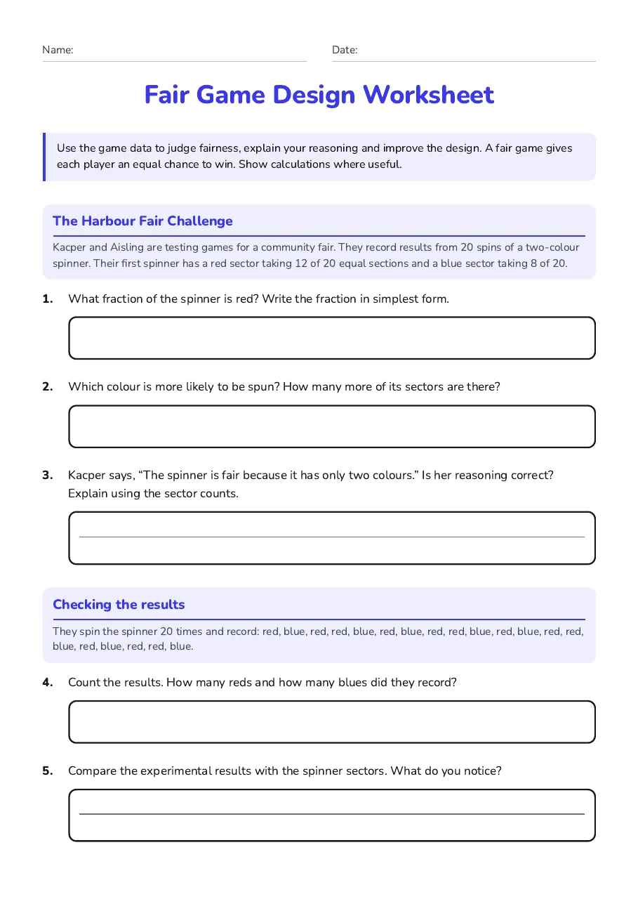 Fair Game Design Worksheet, page 1 of 2: The Harbour Fair Challenge, Checking the results