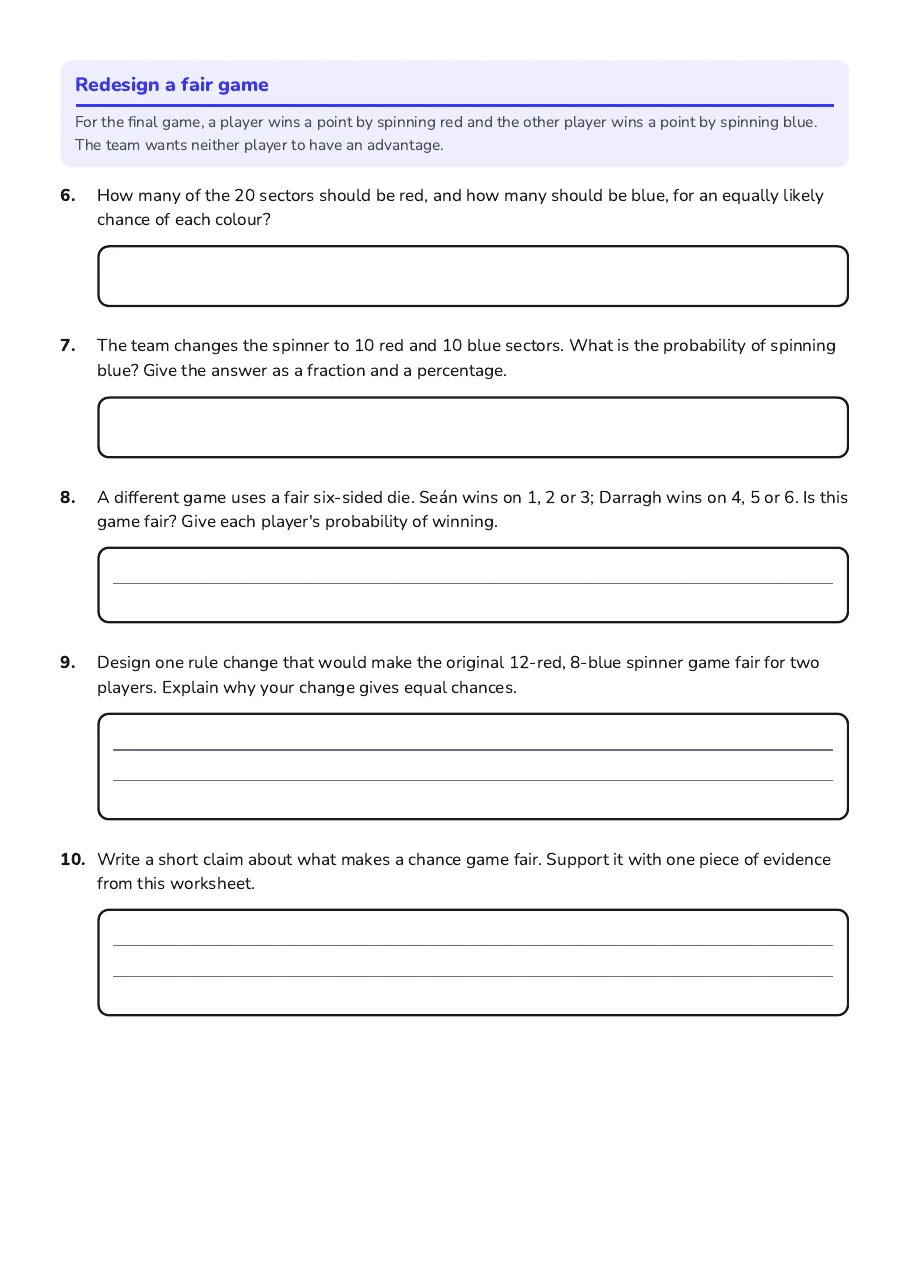 Fair Game Design Worksheet, page 2 of 2: Redesign a fair game