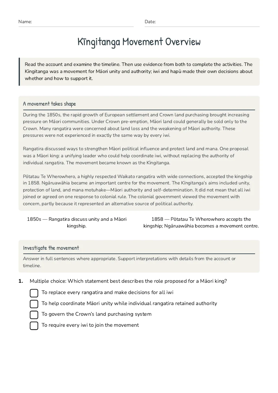 Kīngitanga Movement Overview, page 1 of 3: A movement takes shape, Investigate the movement