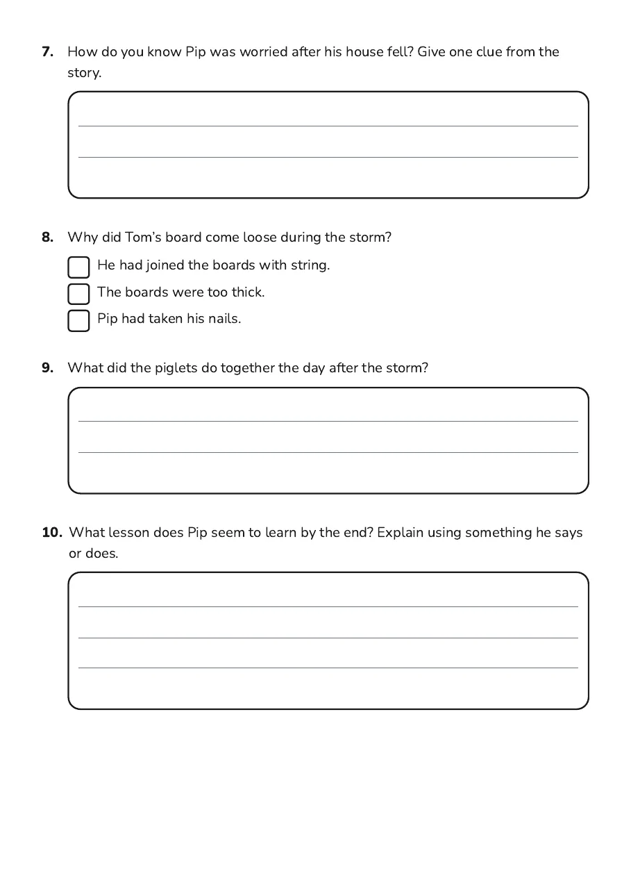 Comprehension questions about characters, events, clues and the story’s lesson.