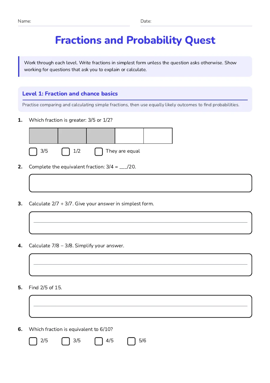 Fractions and Probability Quest, page 1 of 7: Level 1: Fraction and chance basics