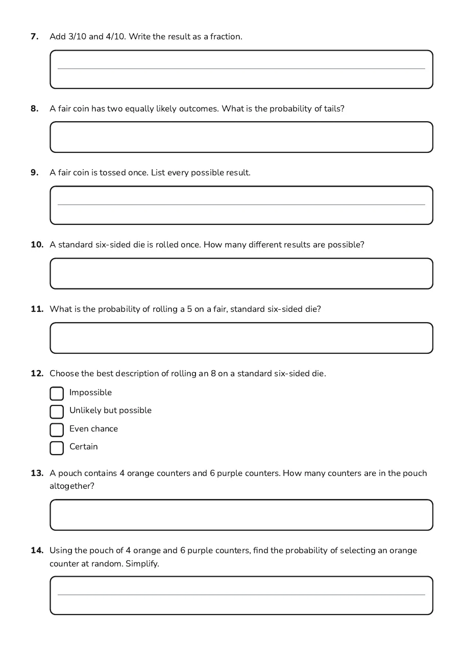 Fractions and Probability Quest, page 2 of 7: 7. Add 3/10 and 4/10. Write the result as a fraction.