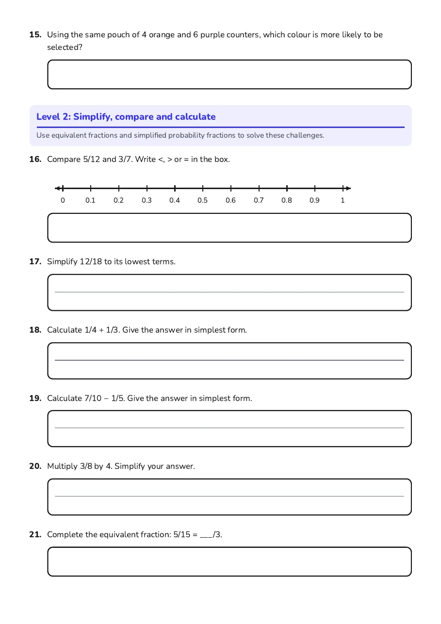 Fractions and Probability Quest, page 3 of 7: Level 2: Simplify, compare and calculate