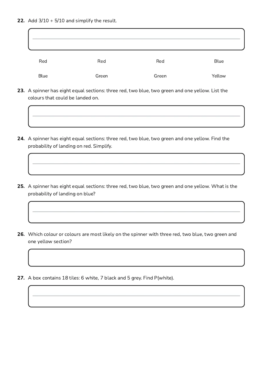 Fractions and Probability Quest, page 4 of 7: 22. Add 3/10 + 5/10 and simplify the result.