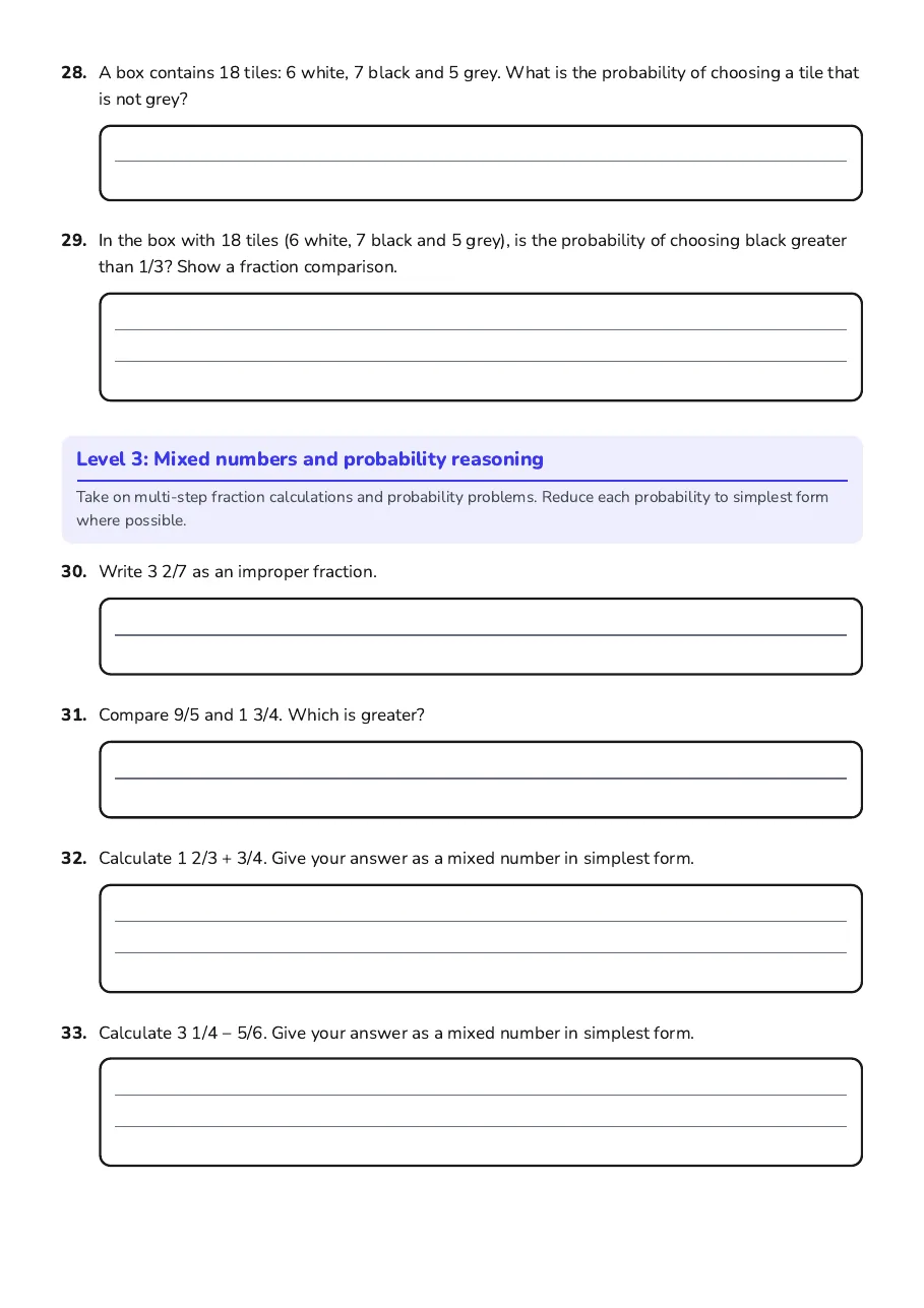 Fractions and Probability Quest, page 5 of 7: Level 3: Mixed numbers and probability reasoning