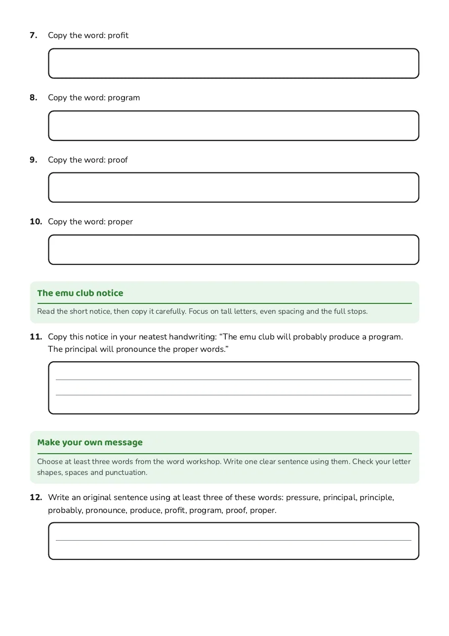 Emu Grade 4 Handwriting Week 3, page 2 of 2: The emu club notice, Make your own message