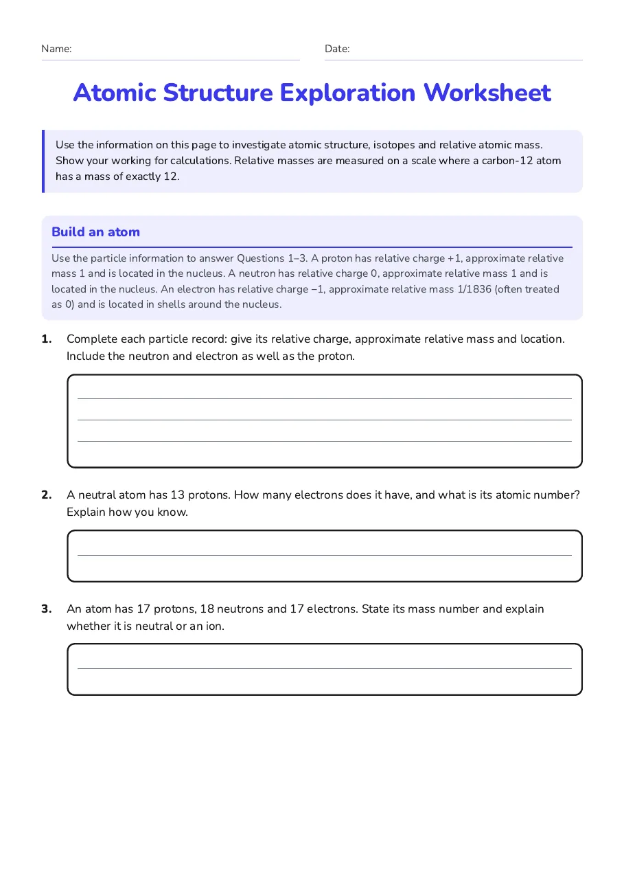 Atomic Structure Exploration Worksheet, page 1 of 3: Build an atom