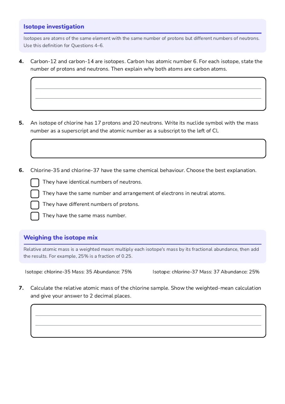 Atomic Structure Exploration Worksheet, page 2 of 3: Isotope investigation, Weighing the isotope mix