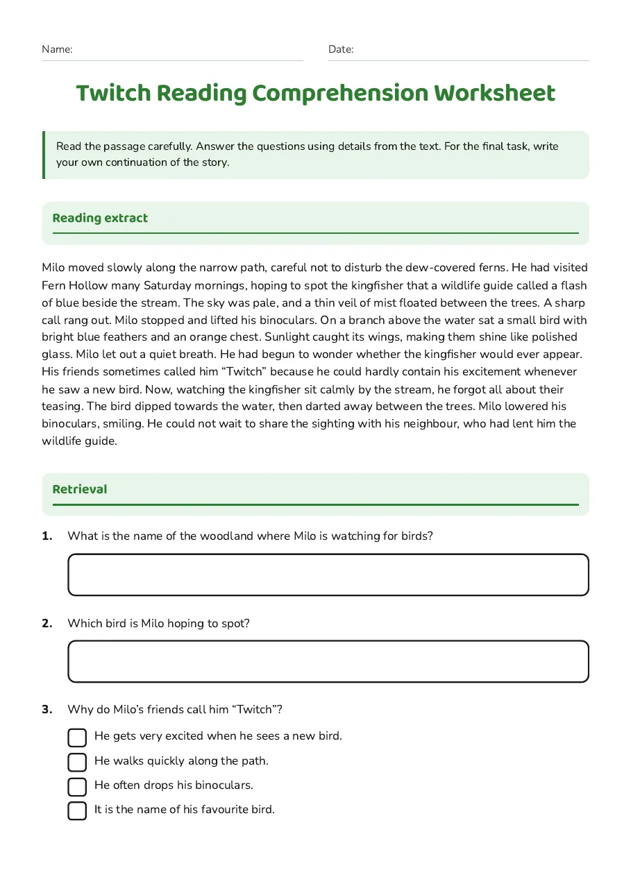 Twitch Reading Comprehension Worksheet, page 1 of 3: Reading extract, Retrieval