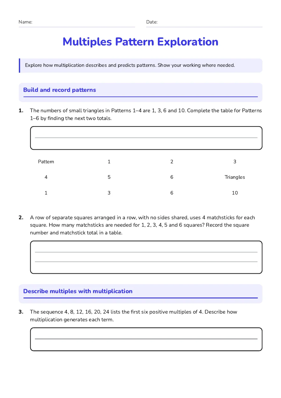 Multiples Pattern Exploration, page 1 of 2: Build and record patterns, Describe multiples with multiplication