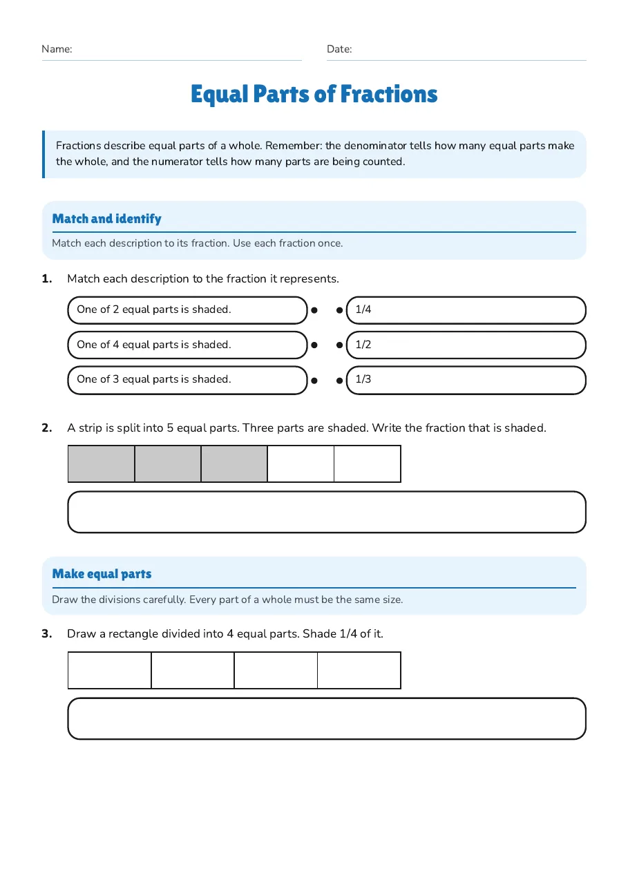 Equal Parts of Fractions, page 1 of 3: Match and identify, Make equal parts
