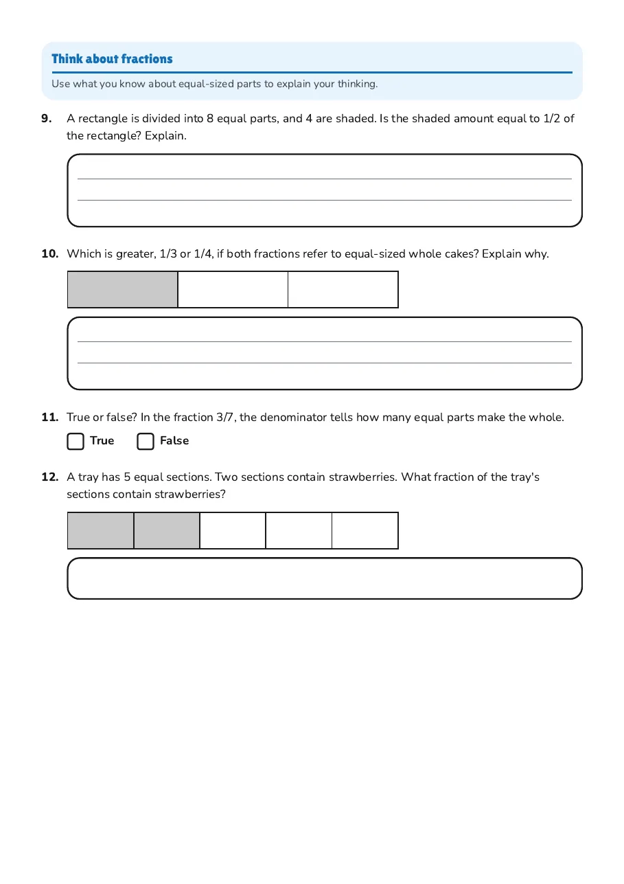 Equal Parts of Fractions, page 3 of 3: Think about fractions