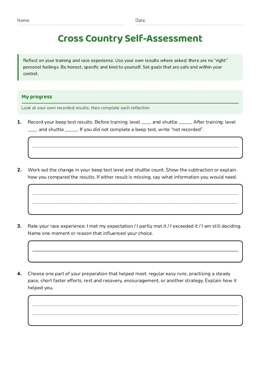 Cross Country Self-Assessment, page 1 of 3: My progress