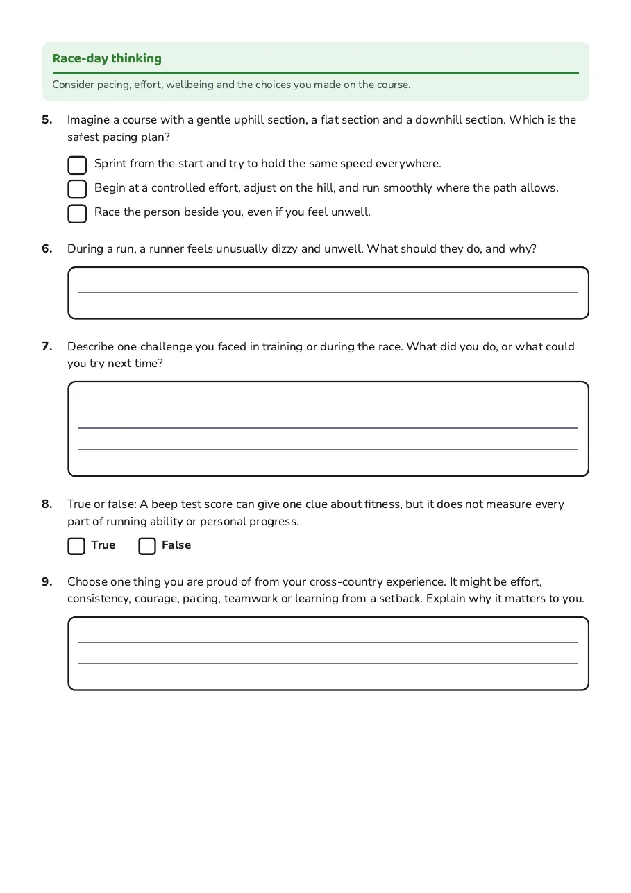 Cross Country Self-Assessment, page 2 of 3: Race-day thinking