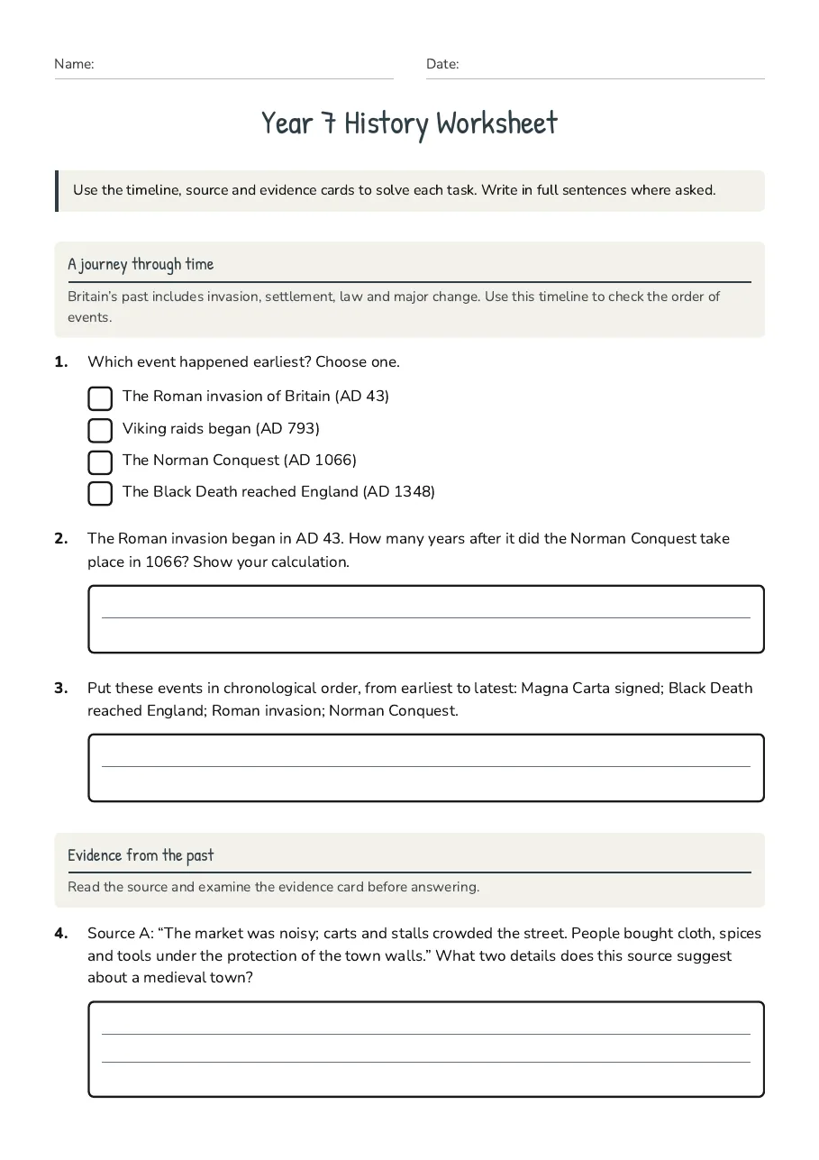 Year 7 History Worksheet, page 1 of 3: A journey through time, Evidence from the past