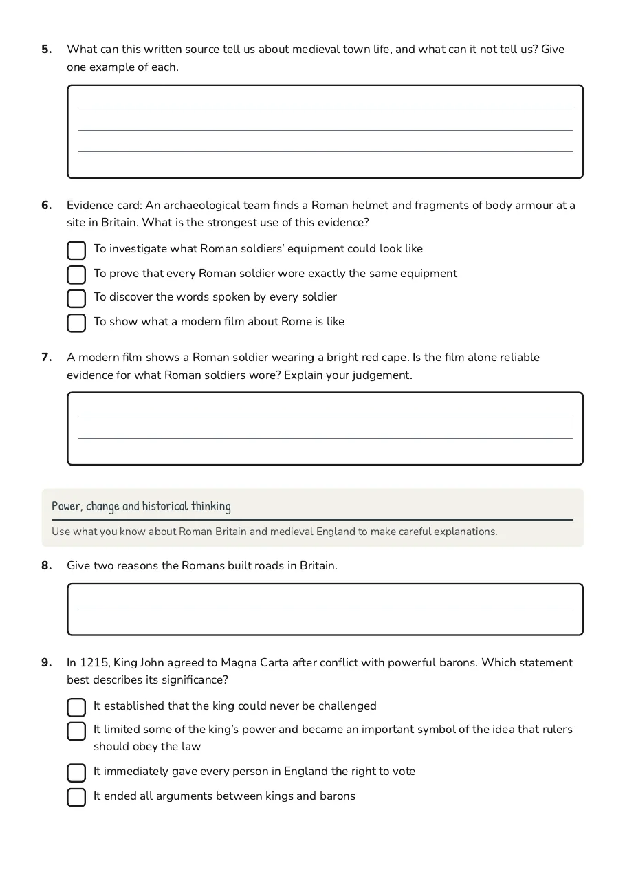 Year 7 History Worksheet, page 2 of 3: Power, change and historical thinking