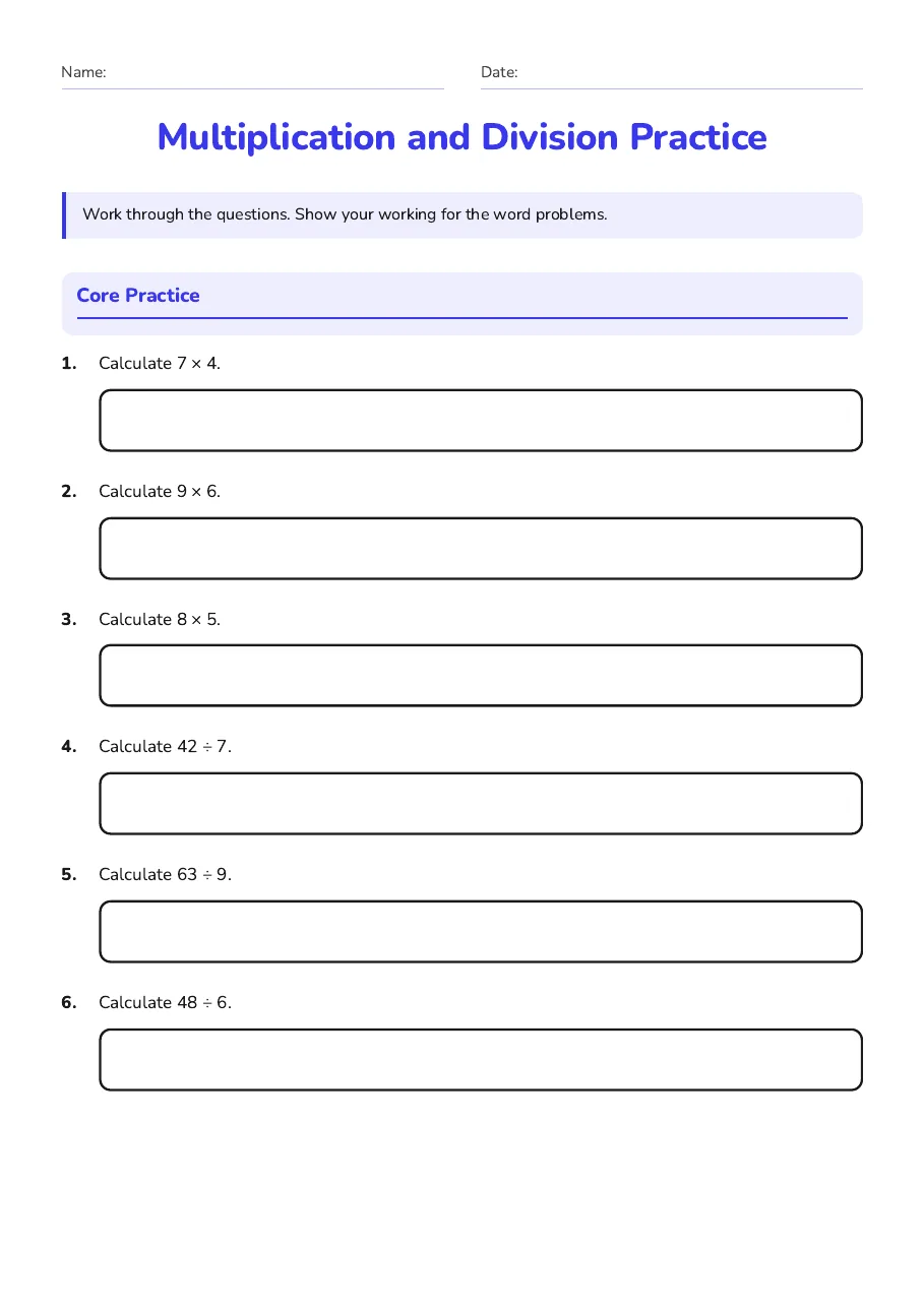 Multiplication and Division Practice, page 1 of 3: Core Practice