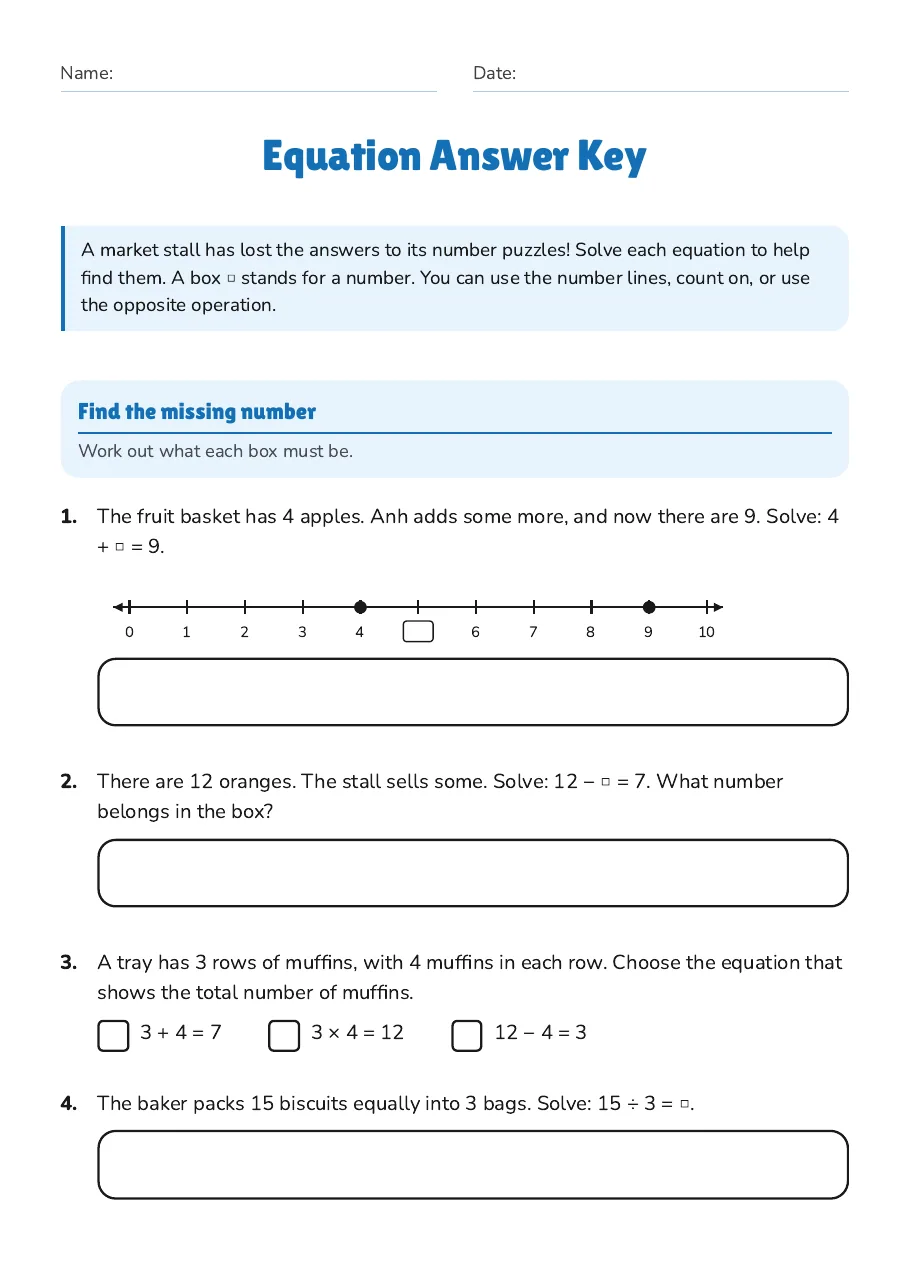 Equation Answer Key, page 1 of 3: Find the missing number