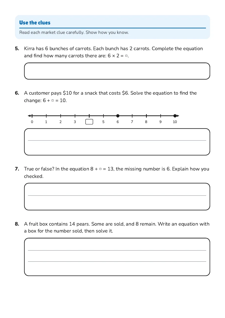 Equation Answer Key, page 2 of 3: Use the clues