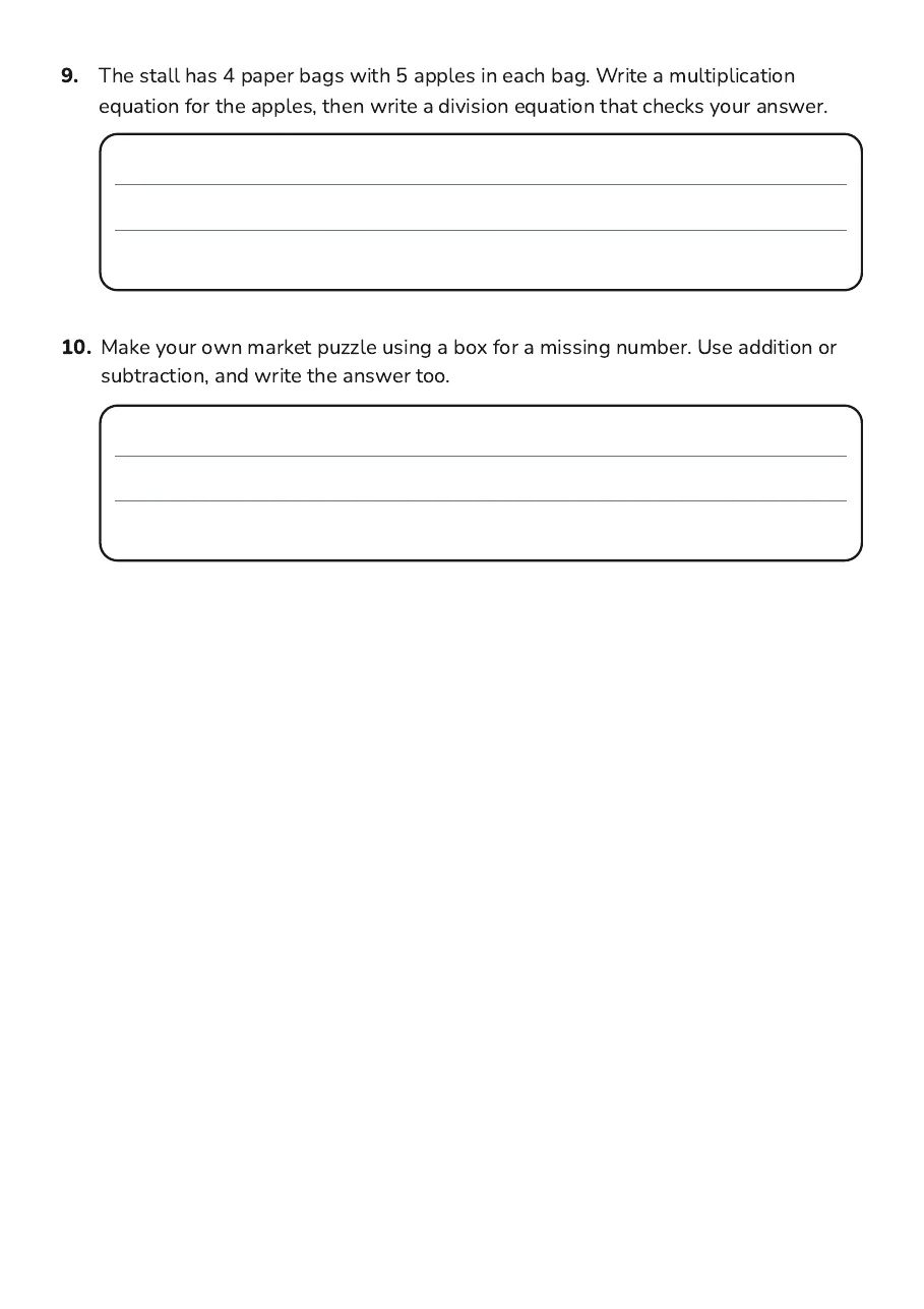 Equation Answer Key, page 3 of 3: 9. The stall has 4 paper bags with 5 apples in each bag. Write a multiplication