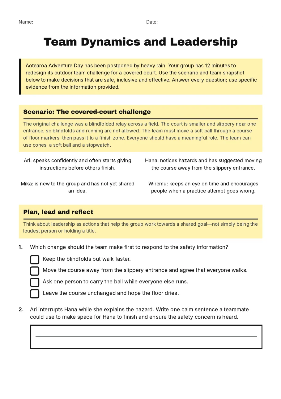 Team Dynamics and Leadership, page 1 of 3: Scenario: The covered-court challenge, Plan, lead and reflect