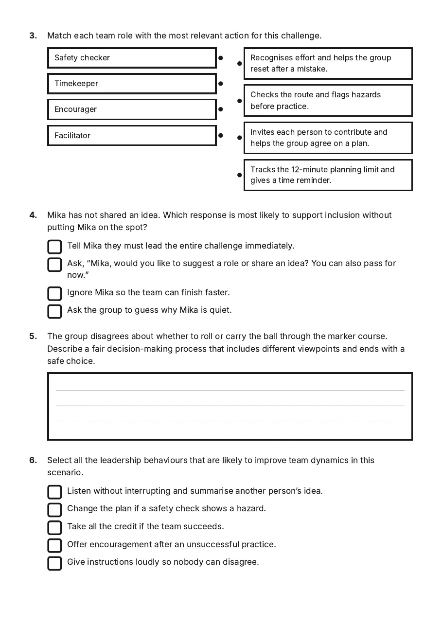 Team Dynamics and Leadership, page 2 of 3: 3. Match each team role with the most relevant action for this challenge.