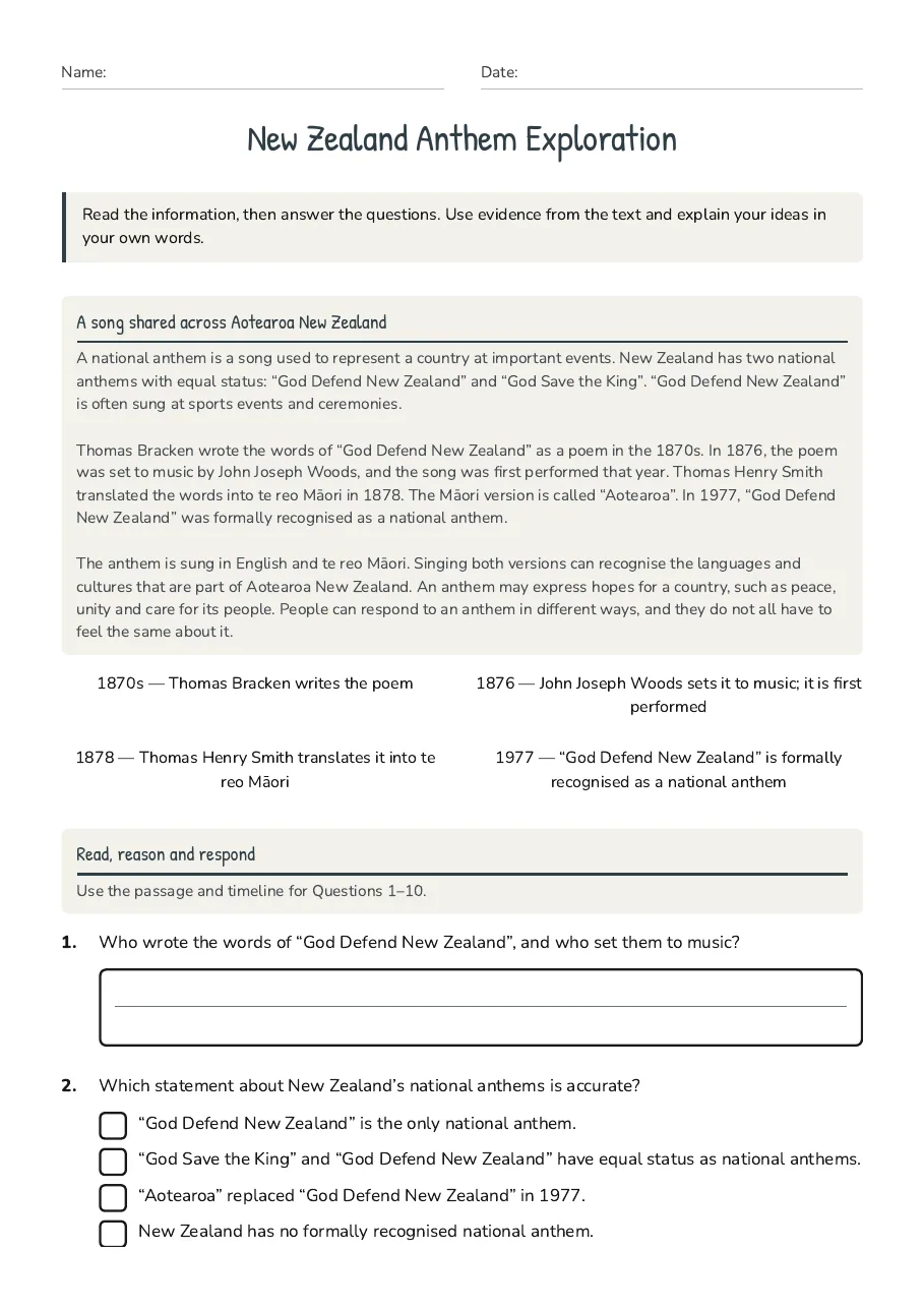 New Zealand Anthem Exploration, page 1 of 3: A song shared across Aotearoa New Zealand, Read, reason and respond