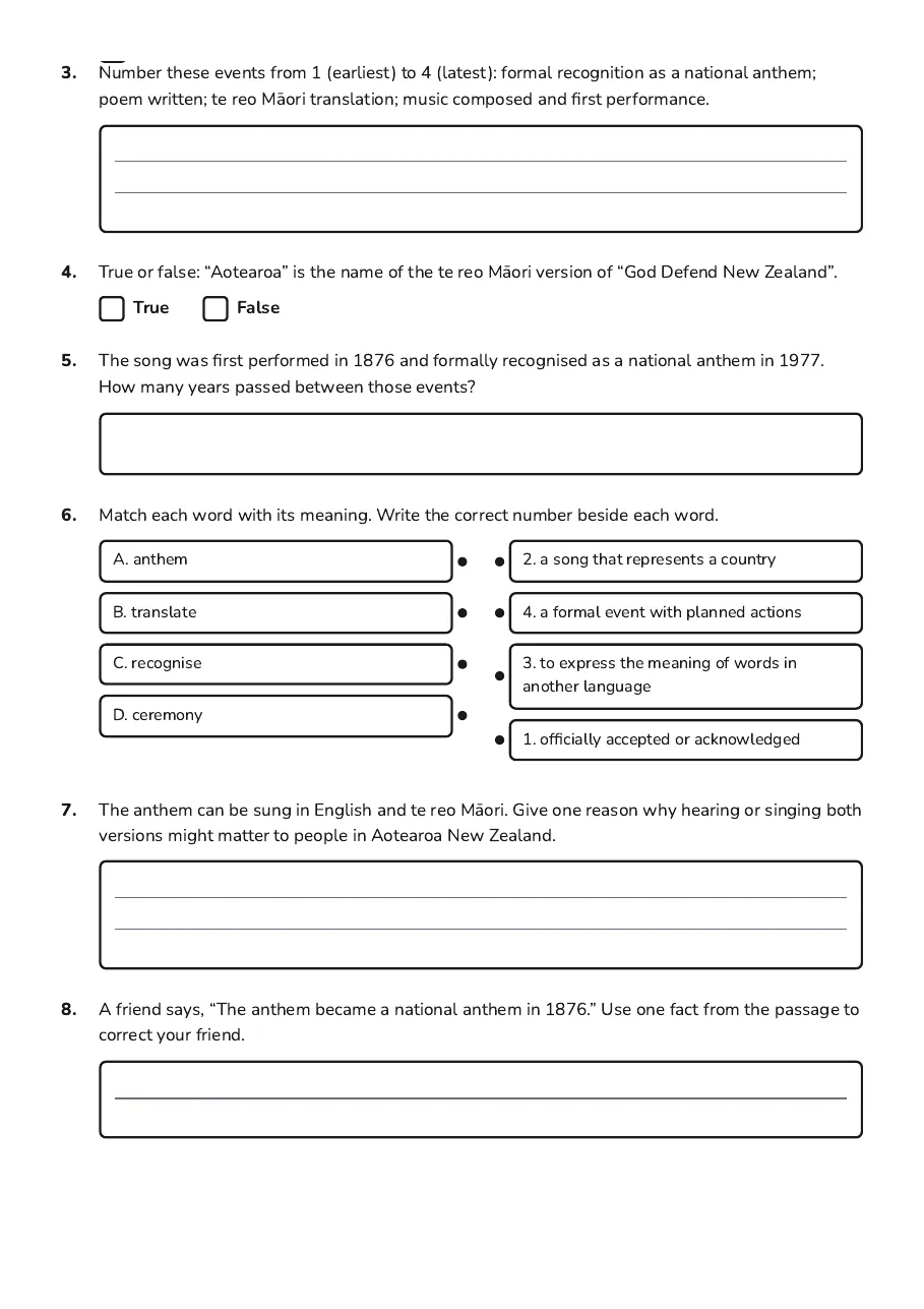 New Zealand Anthem Exploration, page 2 of 3: 3. Number these events from 1 (earliest) to 4 (latest): formal recognition as a national…