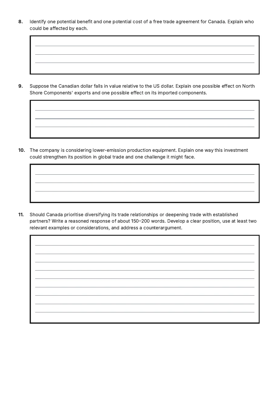 Canada's Global Trade Test, page 3 of 3: 8. Identify one potential benefit and one potential cost of a free trade agreement for…