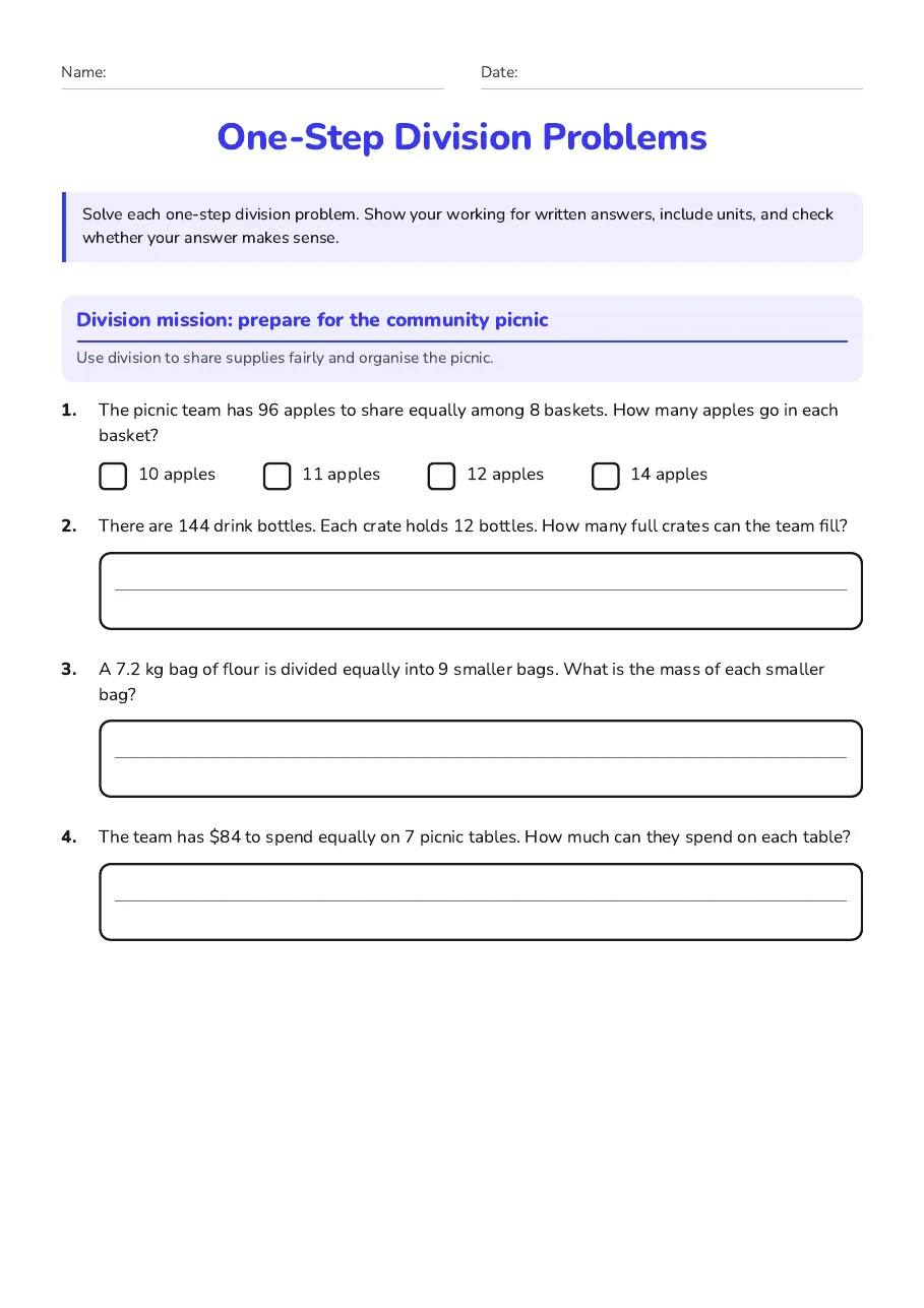 One-Step Division Problems, page 1 of 2: Division mission: prepare for the community picnic