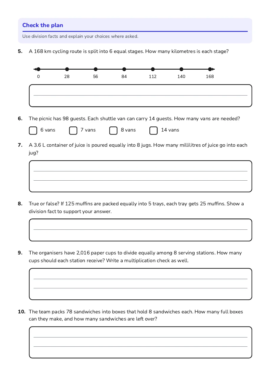One-Step Division Problems, page 2 of 2: Check the plan