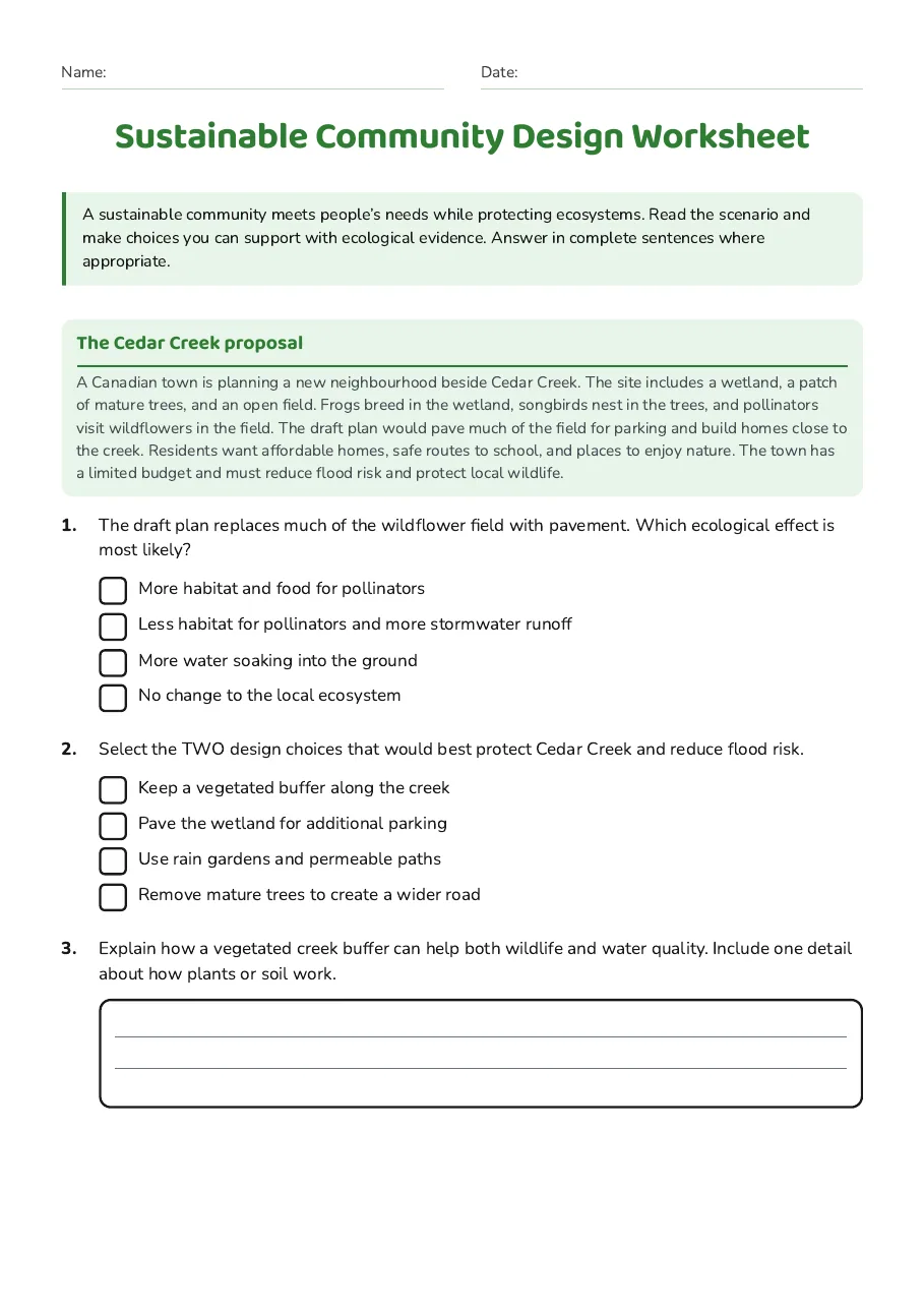 Sustainable Community Design Worksheet, page 1 of 3: The Cedar Creek proposal