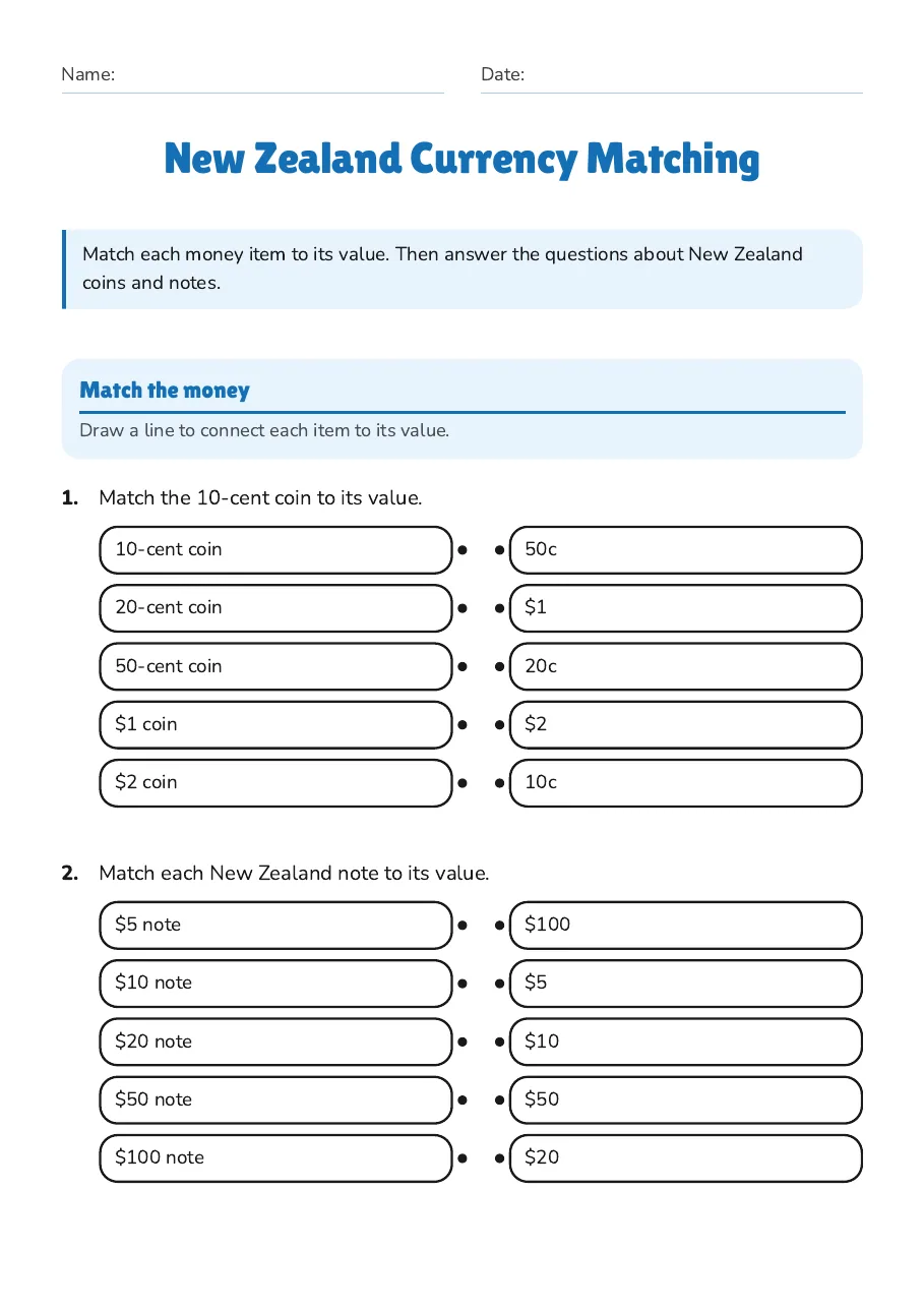 New Zealand Currency Matching, page 1 of 2: Match the money