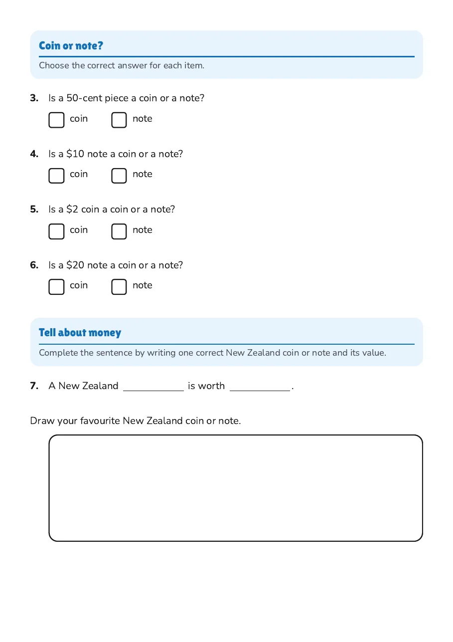 New Zealand Currency Matching, page 2 of 2: Coin or note?, Tell about money