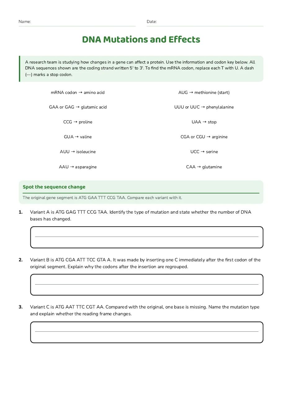 DNA Mutations and Effects, page 1 of 3: Spot the sequence change