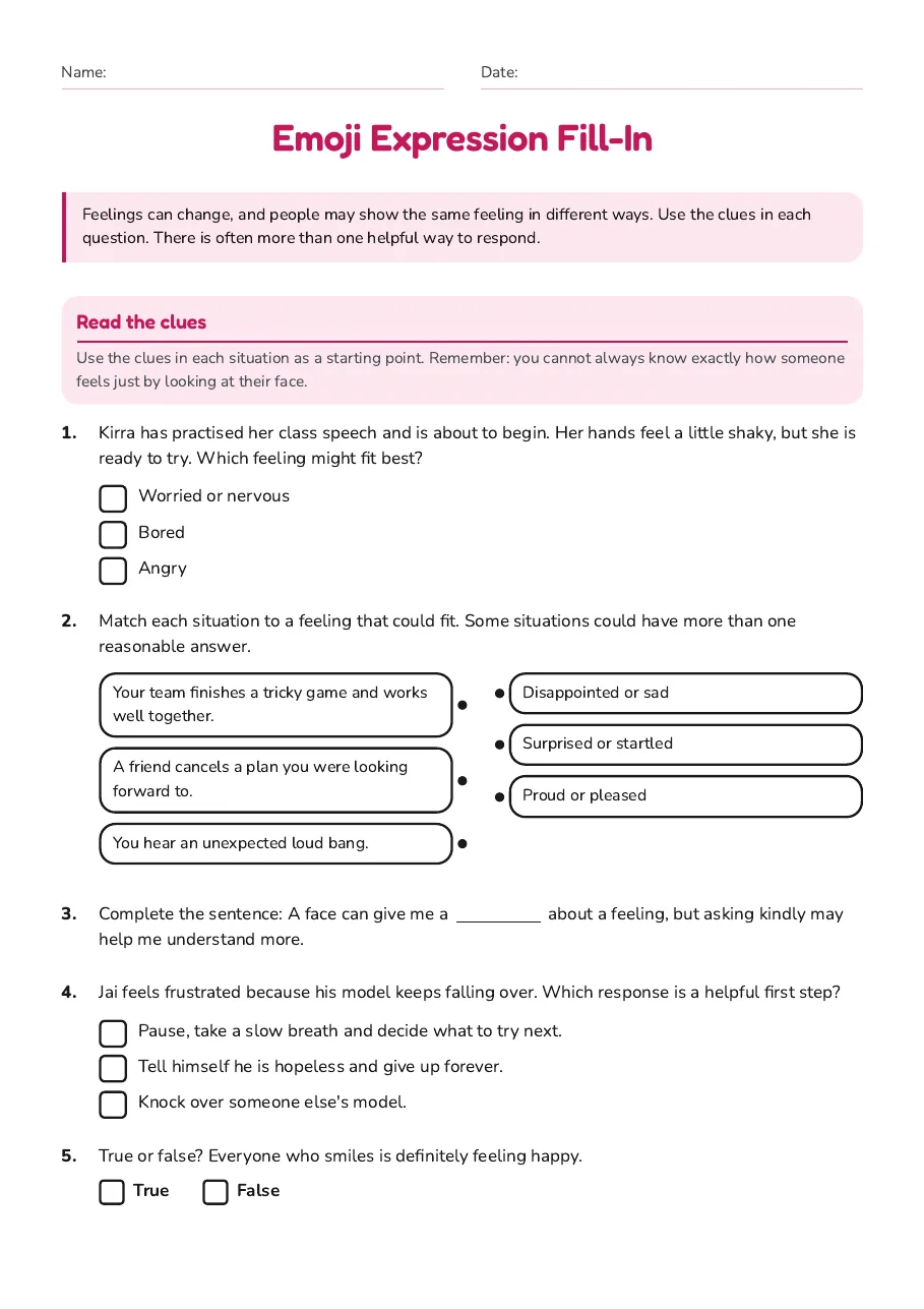 Emoji Expression Fill-In, page 1 of 2: Read the clues