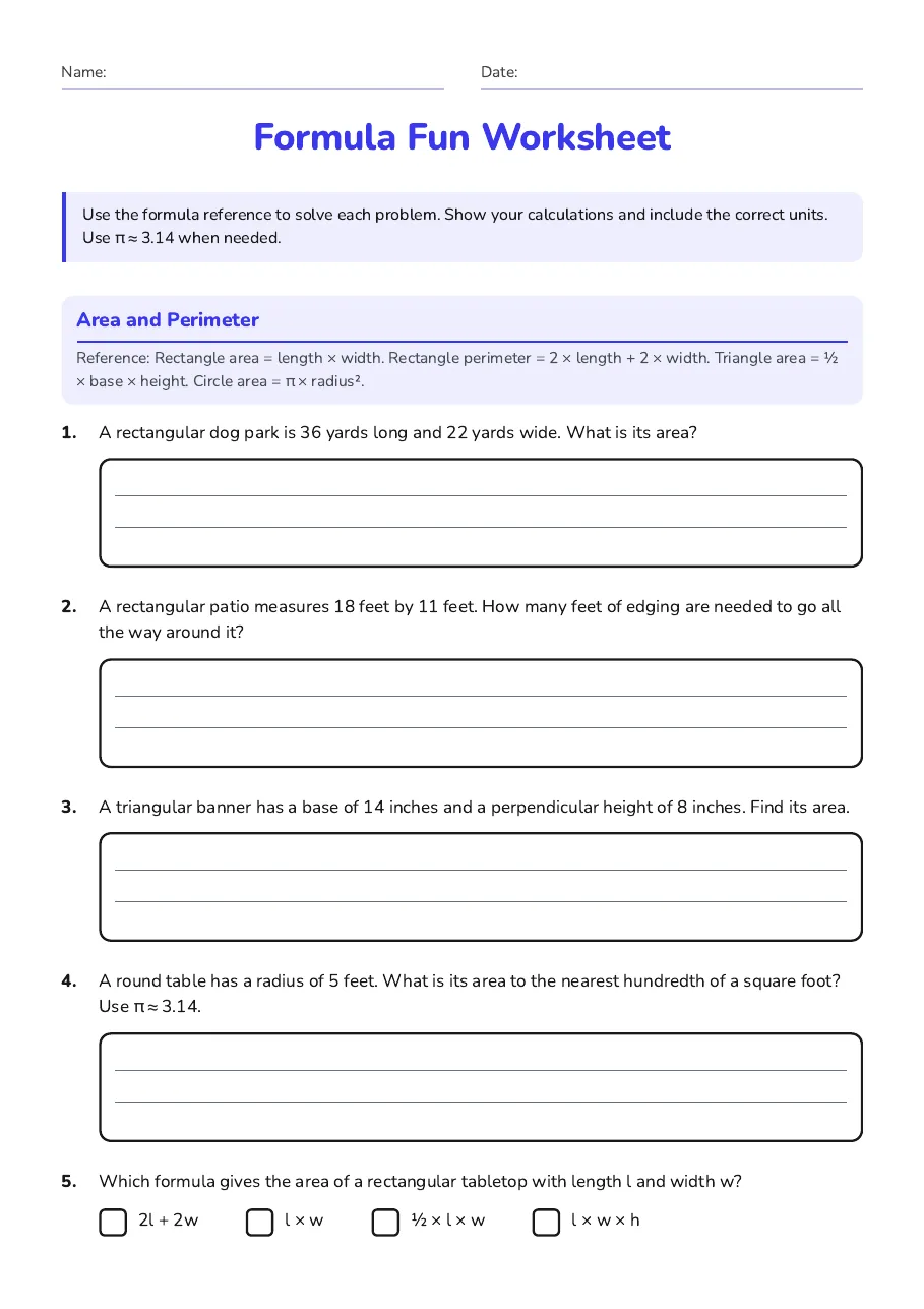 Formula Fun Worksheet, page 1 of 3: Area and Perimeter